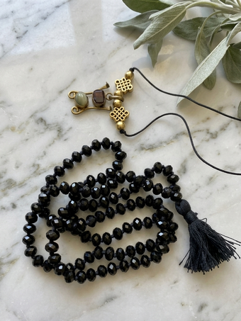 Saturn Black Crystal Mala Necklace with Pendant – Handmade Meditation Japa Mala