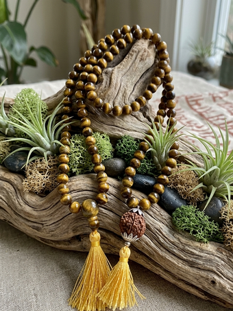 Rahu Ketu Tiger Eye Mala Beads – Courage & Integrity Meditation Necklace, Natural Gemstone Japa Mala