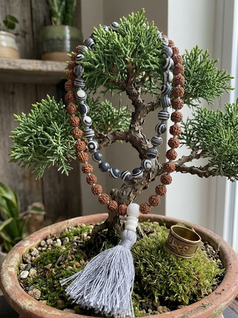 Smoky Obsidian & Rudraksha Mala Beads – Protection Meditation Necklace, Spiritual Japa Mala