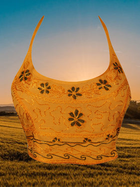 Womens Sexy Crop Top, Yellow Embroidered Halter Blouse  One Size