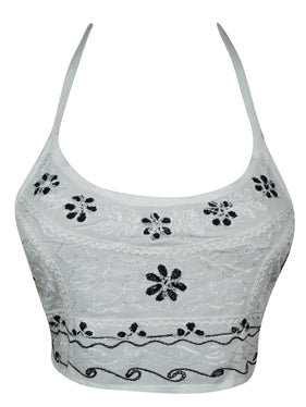 Womens Sexy Crop Top, White Embroidered Tie Halter Blouse Tops One Size