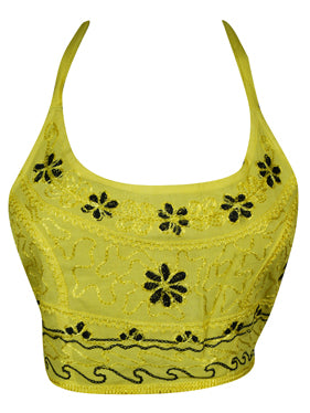 Women Halter Top, Yellow Tie Back Crop Top Embroidered Stylish S