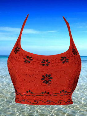 Women Crop Top Red Halter Boho Summer Embroidery Dress S