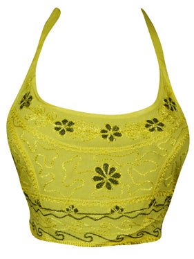 Women Halter Top, Yellow Tie Hand Embroidered Top S