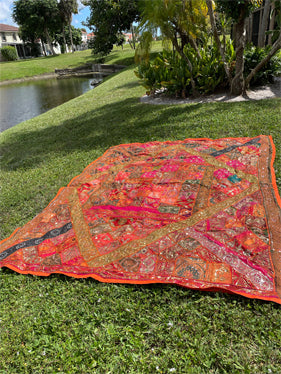 Orange Pink Sari Tapestry Bed Throw Headboard Indian Tapestry