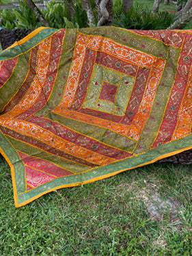 Zardozi Decorative Tapestry Orange Green Patchwork Beaded Tapestry