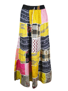 Womens Patchwork Maxi Yellow Boho Gypsy Skirt S/M/L