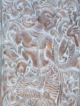 Vintage Indian Barn Door Panel Dancing Krishna Carving Wall Hanging 72