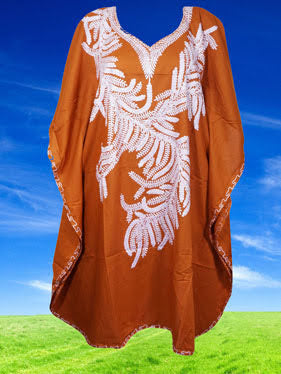 Embroidered Electric Orange Comfy Cover-Up Midi Caftan Gift For Mom L-4XL