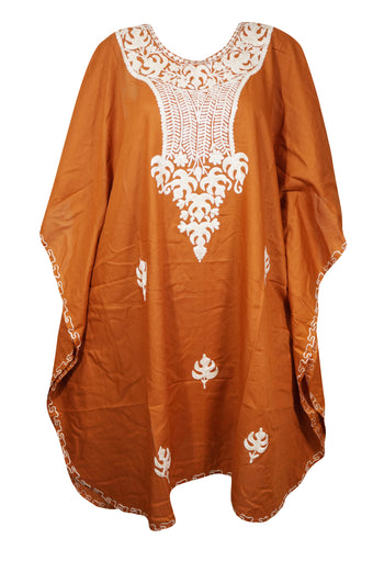 Womens Kaftan Dress, Orange Embroidered Midi Loose Dress, Summer Boho Comfy Cover Up L-4XL