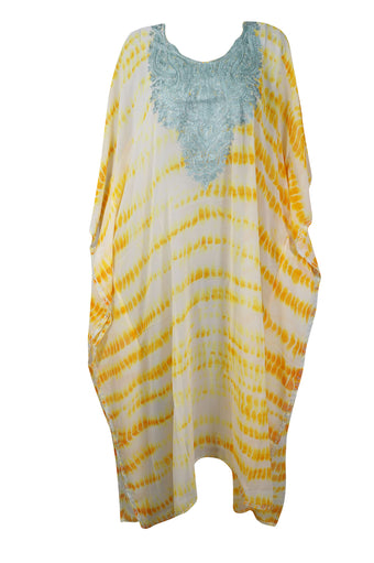 Womens Resort Wear Caftan, Cruise Maxi Dress, Yellow Kaftan Dress, Sheer Georgette Embroidered Travel Maxi, L-4XL