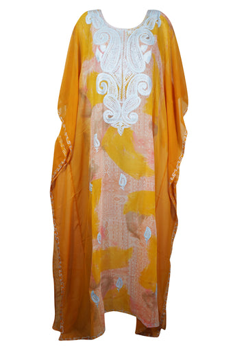 Women's Travel Caftan Maxi Dress, Orange Tiedye Kaftan Dress, Floral Embroidered Summer Maxi, Sheer Cruise Boho Maxi Dresses ONE SIZE L/4X