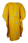 Womens Short Kaftan Dress, Yellow Printed Kimono Sleeves Beach M-XL