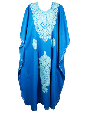 Womens Kaftan Maxi Dress, Embroidered Blue Caftan L-2XL