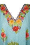 Bohemian Maxi Kaftan, Sky Blue Kimono Caftan, Embroidered Muumuu, L-2XL