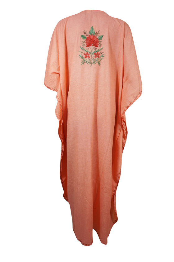 Womens Peach Floral Embroidered Caftan, Butterfly Maxidress  L-2XL