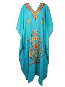  Blue Kaftan Muumuu dress, Floral embroidered caftan L-3X