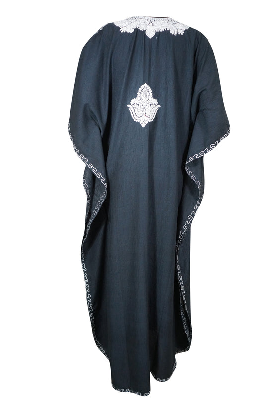 Women Evening Embroidered Long Black Kaftan Dress L-2XL