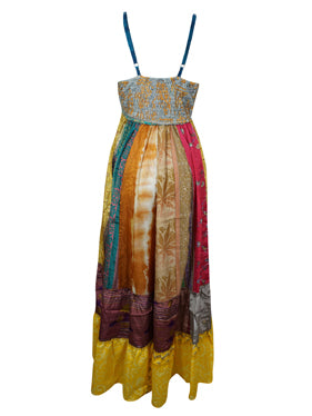 Womens Maxidress, Hawaiaan Sunset Silk Maxi Dress, Colorful Bohemian Dress M/L
