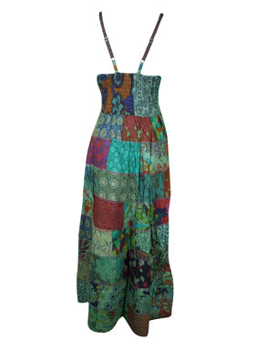 Womens Patchwork Maxi Dress, Green Floral Maxidress M/L