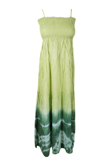  Women's Boho Smocked Bodice Dress, Green Tie Dye Long Summer Strap Dress