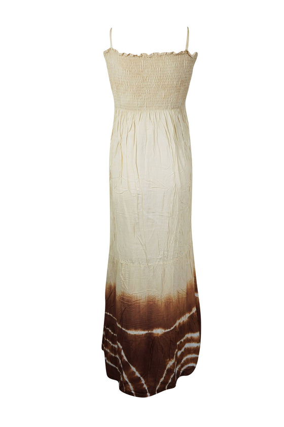 Women's Smocked Bodice Dress, Off White Brown Tie Dye Long Summer Dress S/M