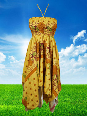 Women's Luxe Halter Dress, Yellow Boho Recycled Silk Dresses S/M