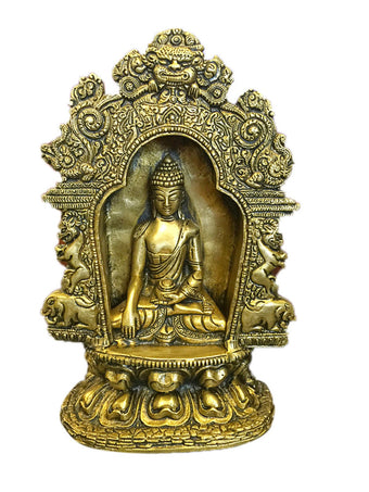 Meditating Buddha Temple Sculpture Yali Lion Arch Frame Brass Statue