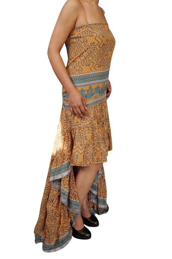 Bohemian Hi Low Maxi Dress Ruffles Recycled Silk Strapless M/L