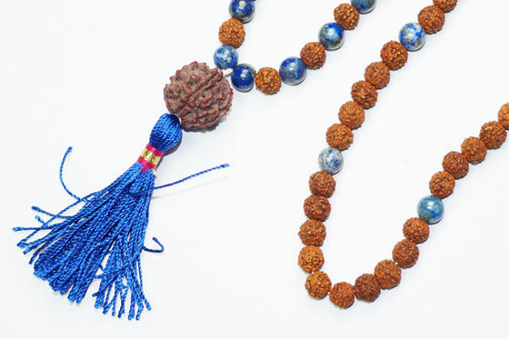 Throat Chakra Necklace, Prayer Mala Beads, Meditation, Rudraksha Lapis