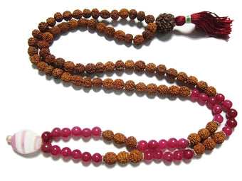 Pink Jade Bead Necklace Handmade Rudraksha Prayer Meditation Mala