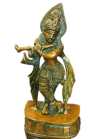 Studio Decor Lord Krishna Brass Sculpture Playing Flute Handcarved Idol