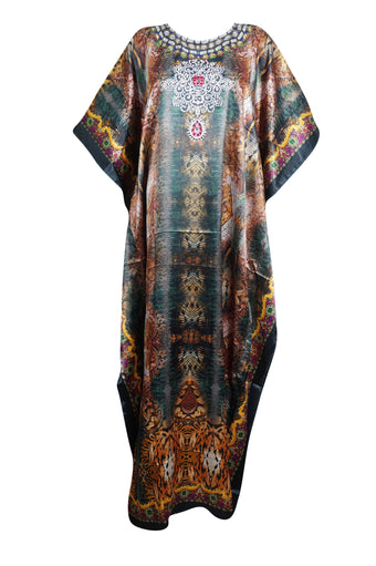 Boho Muumuu, Satin Kaftan Maxi Dress, Brown Gold Flowy Cruise Caftan 3Xl