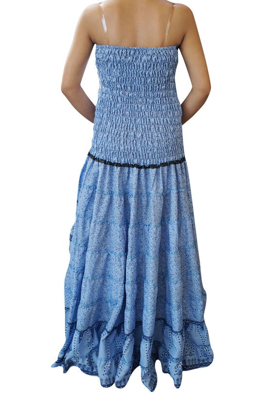 Boho Gypsy Maxi Dress Swirling Hi Low Dresses Blue M/L