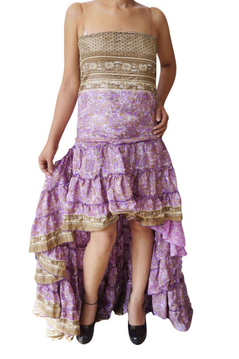 Bohemian Hi Low Maxi Dresses, Swirling Recycled Sari Strapless M/L