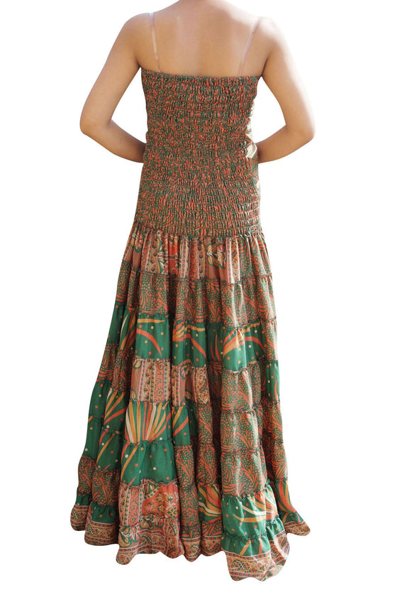 Boho Maxi Dress, Strapless dresses, Recycled Sari dress, Green ML