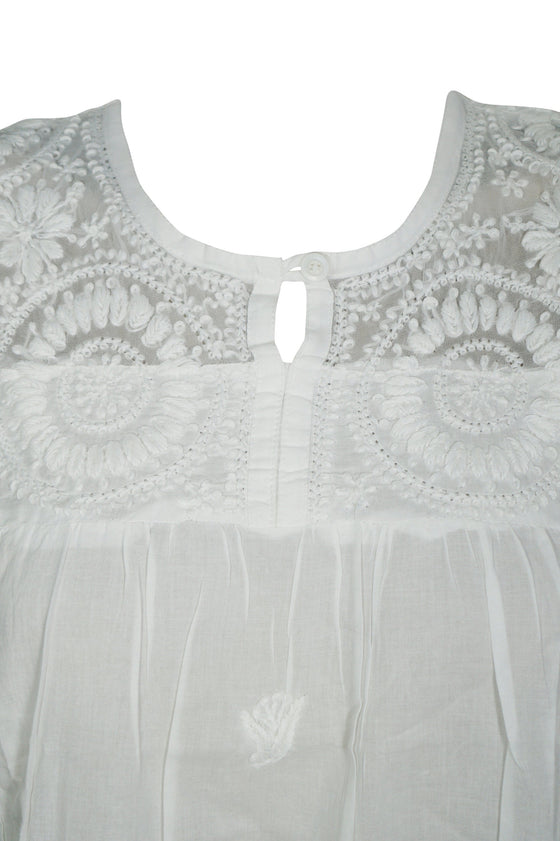 White Cotton Tunic Blouse Floral Embroidered Summer BOHO XS