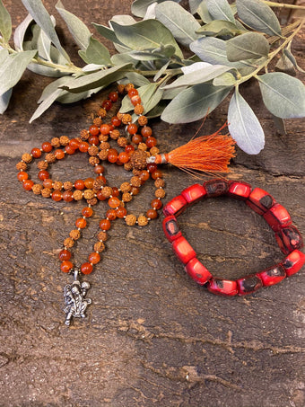 Yoga Mala, Prayer Beads Japamala Rudraksha Carnelian, Root Chakra Necklace