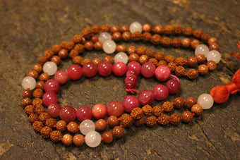 Ambition Sunstone Rose Quartz Rudraksha 108 Malabeads, Pink Jade