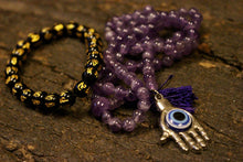  Amethyst Mala beads, Evil Eye pendant, Om Mani Padme Hum Bracelet