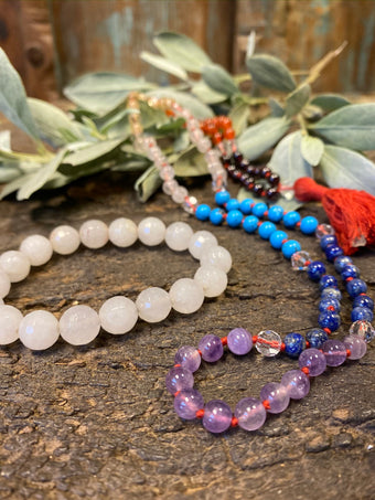 Chakra Healing REiki Malabeads, Moonstone Wrist Bracelet Diamond Cut