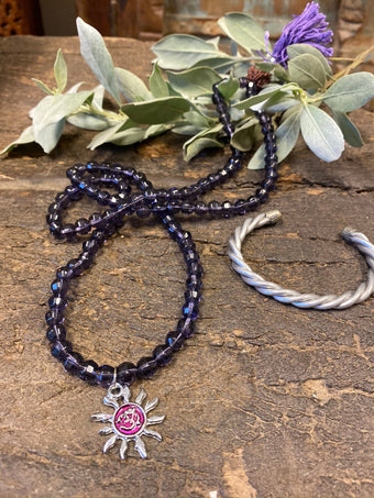 Prayer Mala Necklace/bracelet Purple Beads Mala, Silver Finish Copper