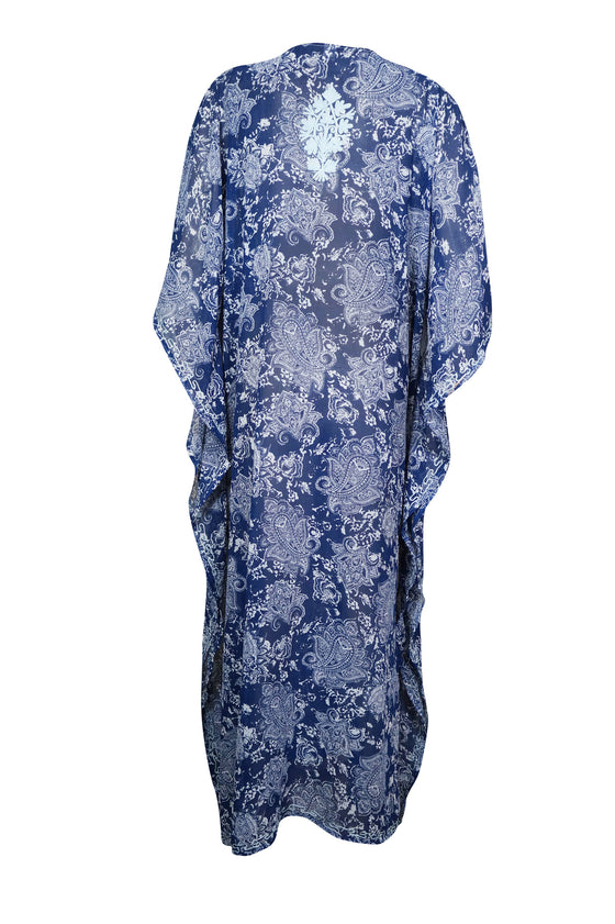 Sheer Caftan Maxi Dress, Blue White Paisley Print Embroidered Kaftan Lounger 4XL