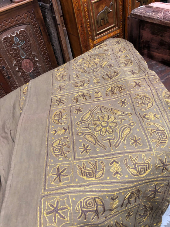 Indian Boho Lined Bedcover Embroidered Khaki Bed Throw King