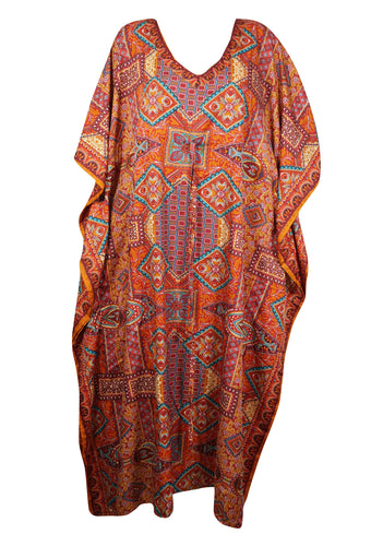 Maxi Caftan Dress Orange Red Floral Printed Beach Onesize