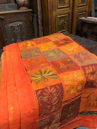 Vintage Sitara Ethnic Sari Tapestry Tablecloth Bed Throw Orange