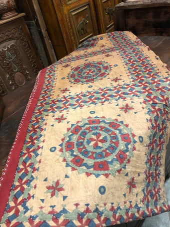 Indi Boho Floral Bedspread, Red Beige Printed Throw, 2