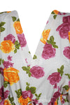 Boho Muumuu Kaftan Dress, White Pink Rose Printed L-3XL