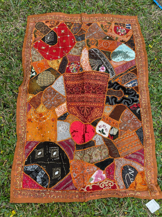 Patchwork Embroidery Tapestry, Bohemian Wall Hanging, Ethical hANDMADE Orange