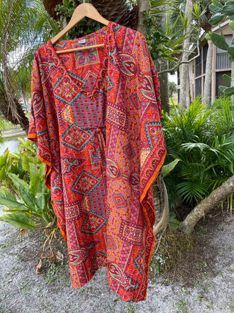 Maxi Caftan Dress, Orange Red Floral Printed Beach Onesize